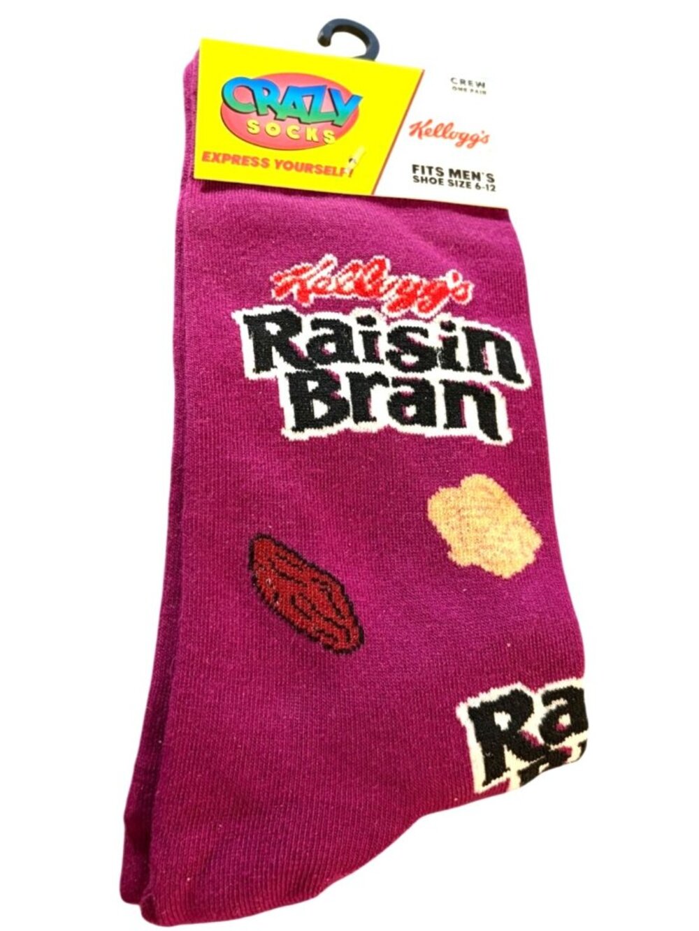 Mens Kelloggs Crazy Socks Raisin Bran Crew Socks Shoe Size 6-12 Purple Black NWT